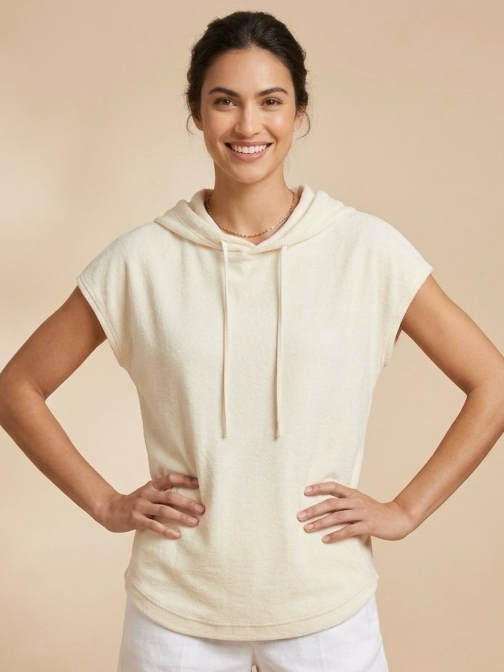 COS Sleeveless Hooded Terry Short Sleeve Hoodie Top, Cream Beige, Size XS